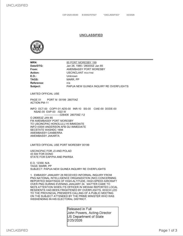 State Department Cable: UAP Sighting — Papua New Guinea, Jan 1985