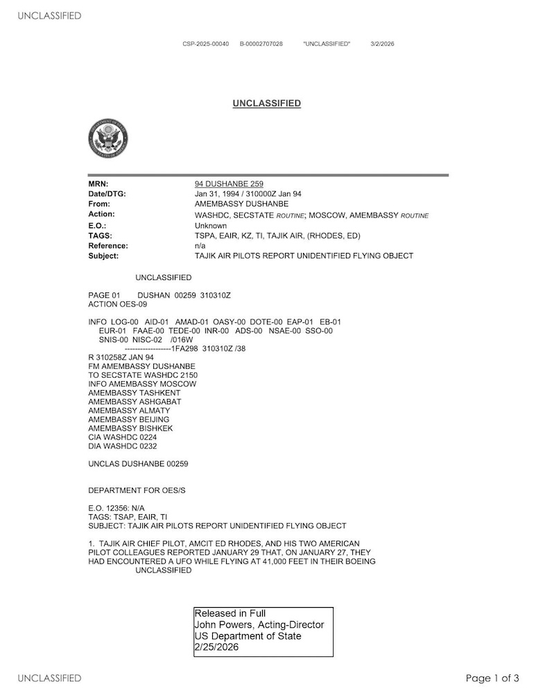 State Department Cable: UAP Report — Kazakhstan, Jan 1994